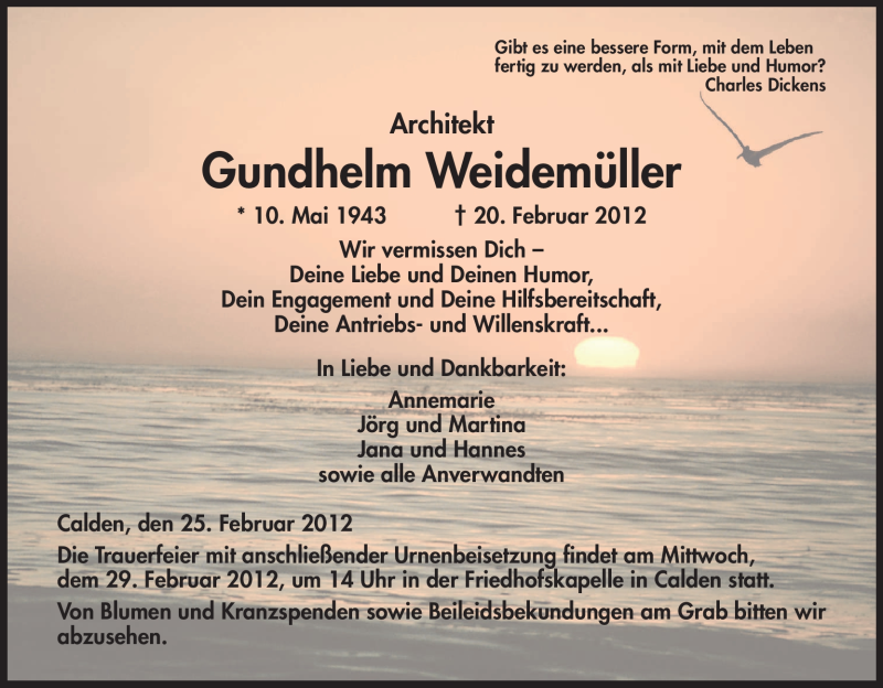  Traueranzeige für Gundhelm Weidemüller vom 25.02.2012 aus HNA