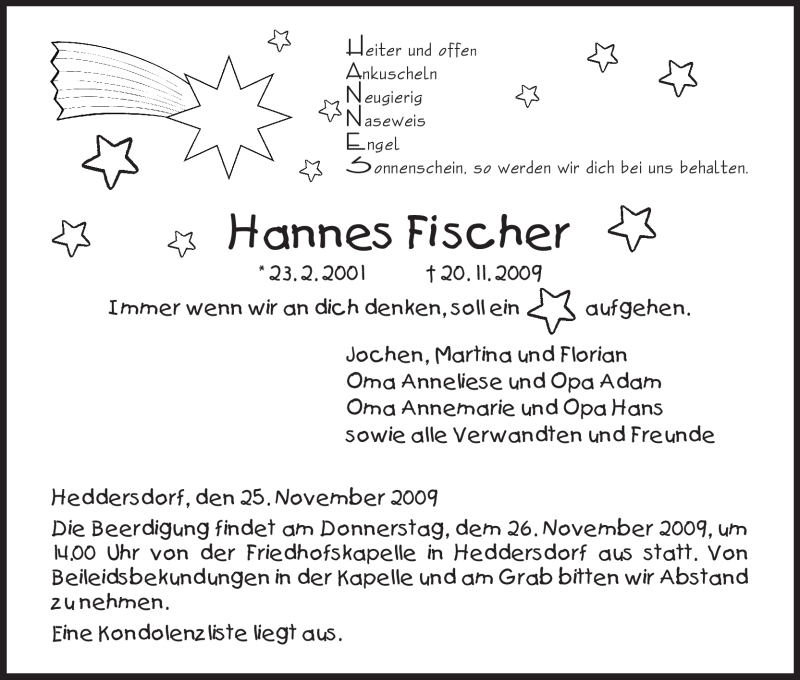  Traueranzeige für Hannes Fischer vom 25.11.2009 aus HNA