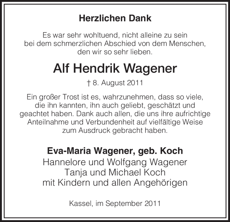  Traueranzeige für Alf Hendrik Wagener vom 10.09.2011 aus HNA