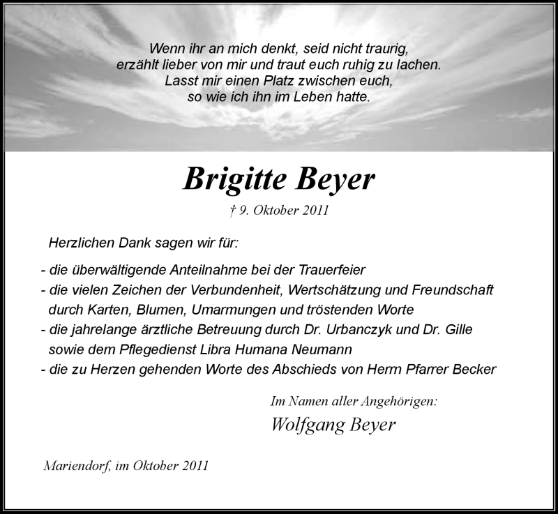  Traueranzeige für Brigitte Beyer vom 29.10.2011 aus HNA