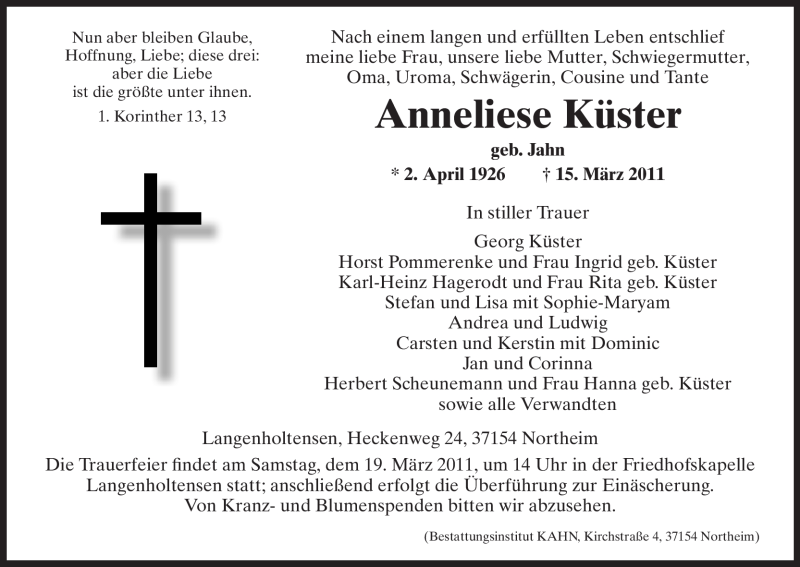  Traueranzeige für Anneliese Küster vom 17.03.2011 aus HNA