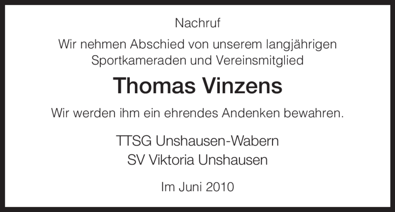  Traueranzeige für Thomas Vinzens vom 10.06.2010 aus HNA