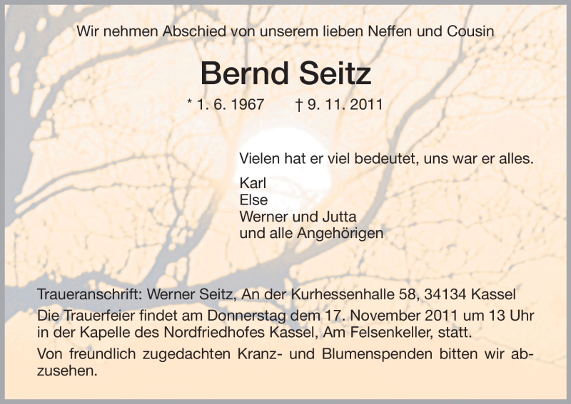  Traueranzeige für Bernd Seitz vom 14.11.2011 aus HNA