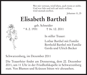 Traueranzeige von Elisabeth Barthel von HNA