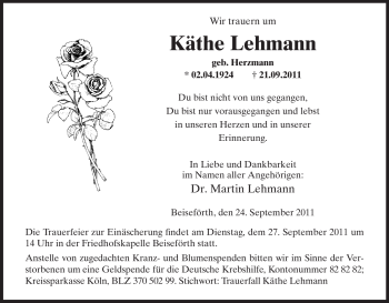 Traueranzeige von Käthe Lehmann von HNA