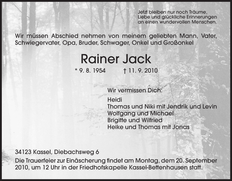  Traueranzeige für Rainer Jack vom 15.09.2010 aus HNA