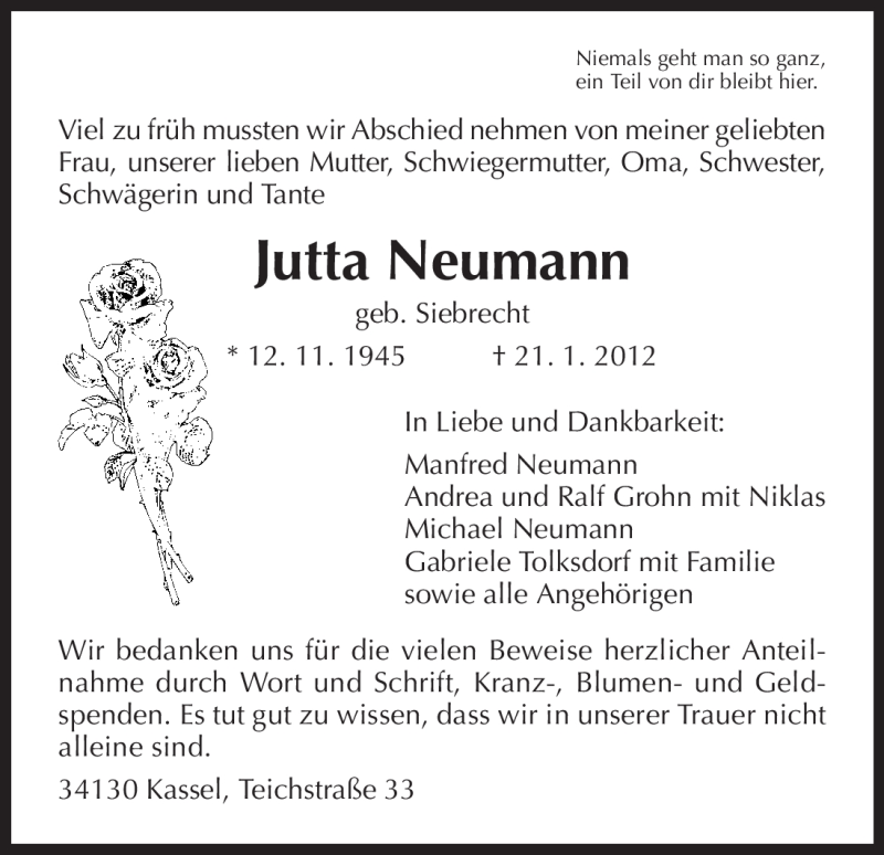 Traueranzeigen von Jutta Neumann | Trauer.HNA.de