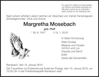 Traueranzeige von Margretha Mosebach von HNA