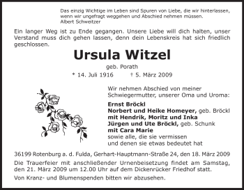 Traueranzeige von Ursula Witzel von HNA