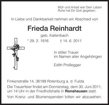 Traueranzeige von Frieda Reinhardt von HNA