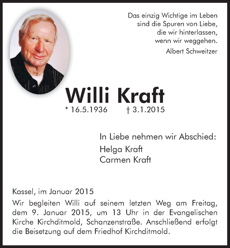  Traueranzeige für Willi Kraft vom 06.01.2015 aus HNA