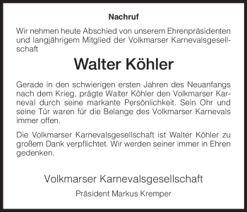 Traueranzeige von Walter Köhler von HNA