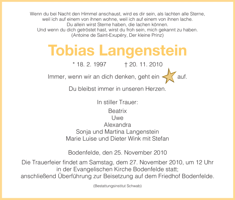  Traueranzeige für Tobias Langenstein vom 25.11.2010 aus HNA