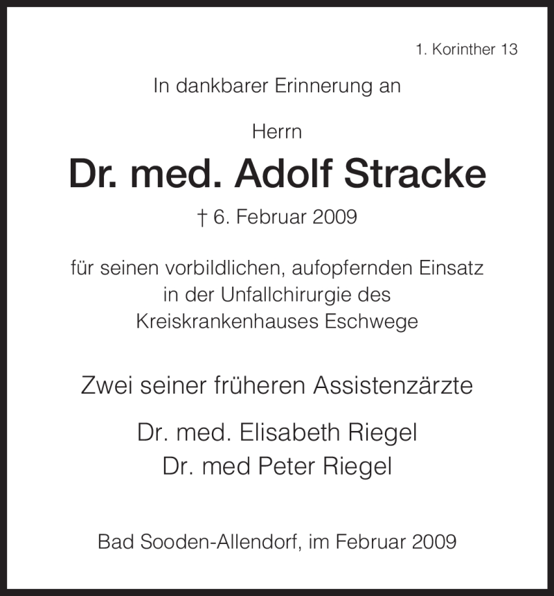  Traueranzeige für Adolf Stracke vom 24.02.2009 aus HNA