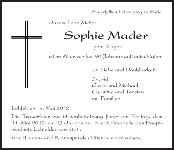 Traueranzeige von Sophie Mader von HNA
