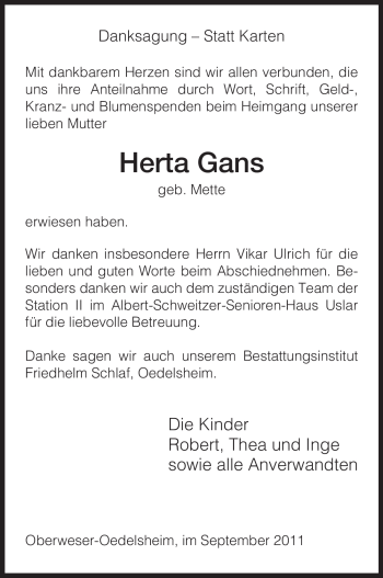 Traueranzeige von Herta Gans von HNA