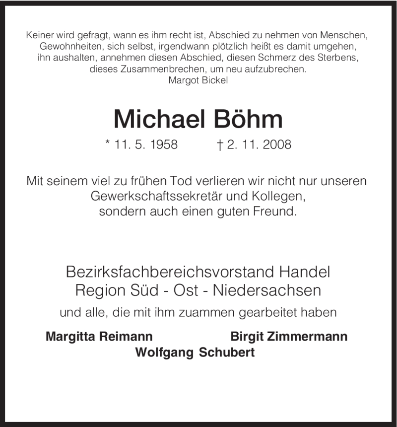  Traueranzeige für Michael Böhm vom 07.11.2008 aus HNA