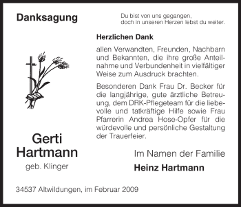 Traueranzeige von Gerti Hartmann von HNA