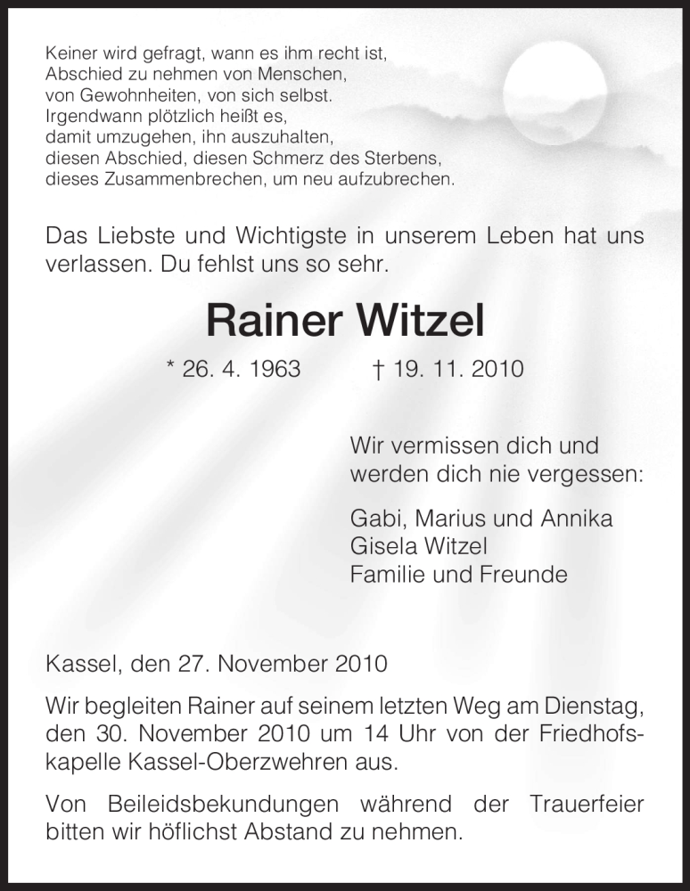  Traueranzeige für Rainer Witzel vom 27.11.2010 aus HNA