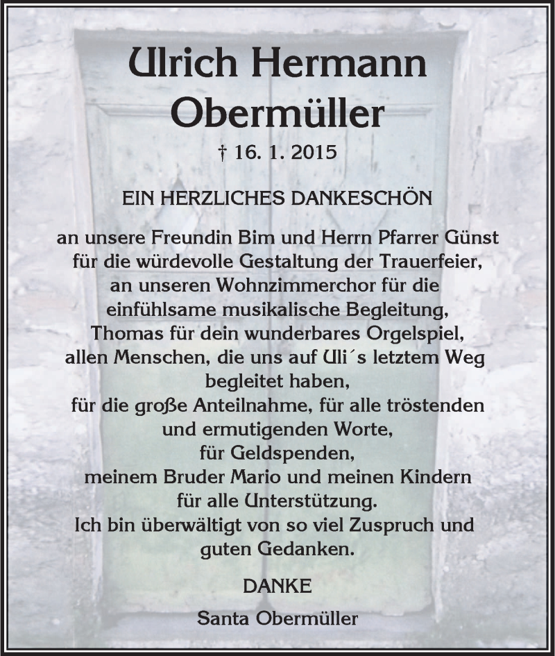  Traueranzeige für Ulrich Hermann Obermüller vom 21.02.2015 aus HNA