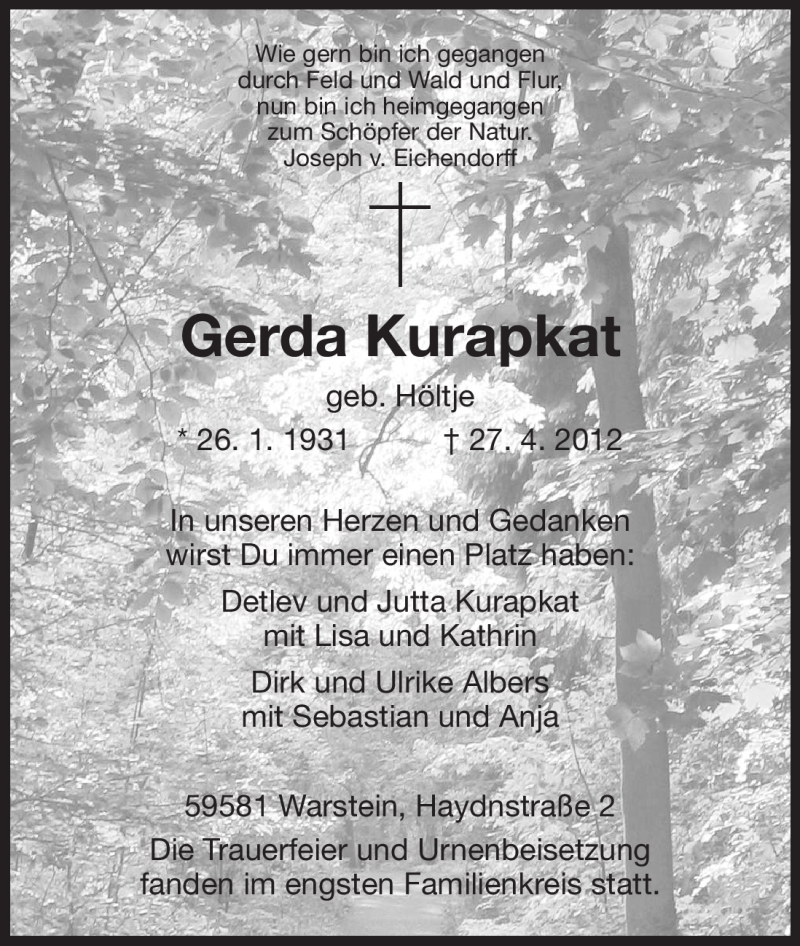 Traueranzeige für Gerda Kurapkat vom 08.05.2012 aus HNA