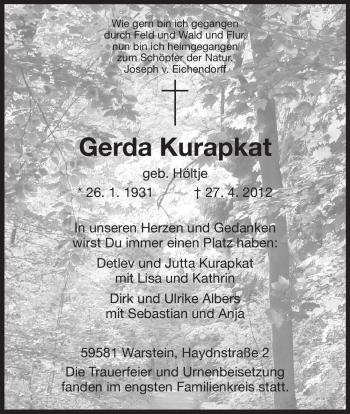 Traueranzeige von Gerda Kurapkat von HNA
