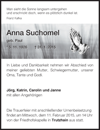 Traueranzeige von Anna Suchomel von HNA