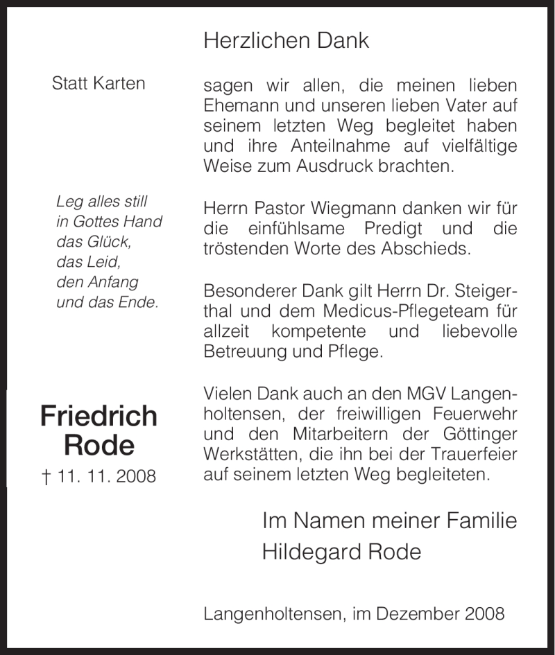  Traueranzeige für Friedrich Rode vom 06.12.2008 aus HNA