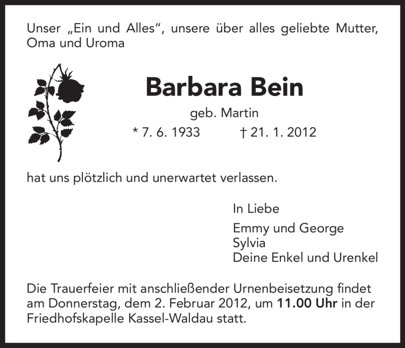 Traueranzeige für Barbara Bein vom 31.01.2012 aus HNA