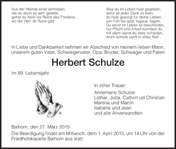 Traueranzeige von Herbert Schulze von HNA