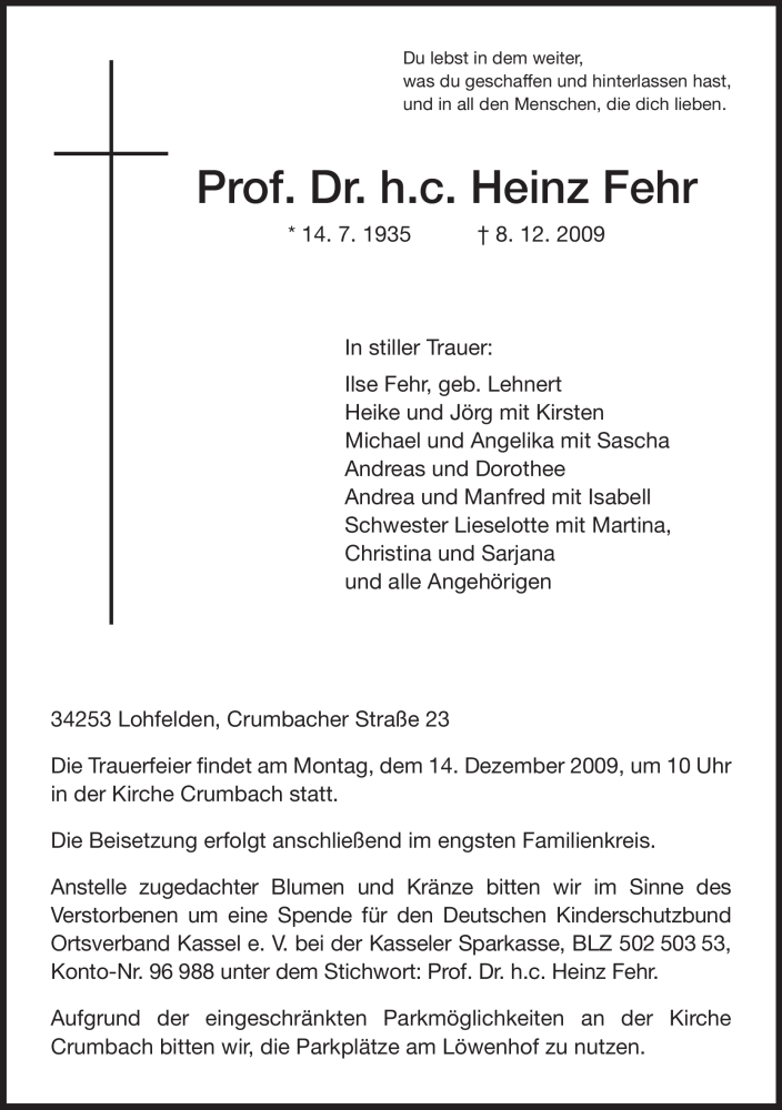 Traueranzeige für Heinz Fehr vom 11.12.2009 aus HNA