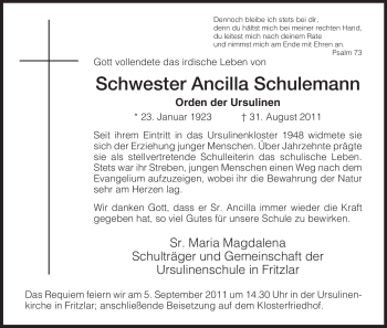 Traueranzeige von Ancilla Schulemann von HNA