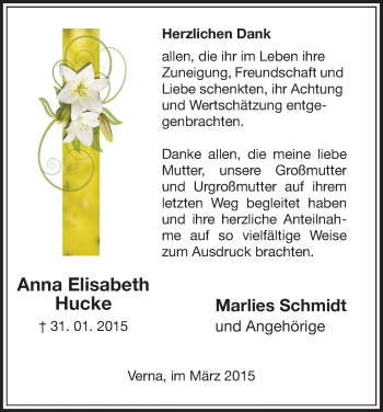 Traueranzeige von Anna Elisabeth Hucke von HNA