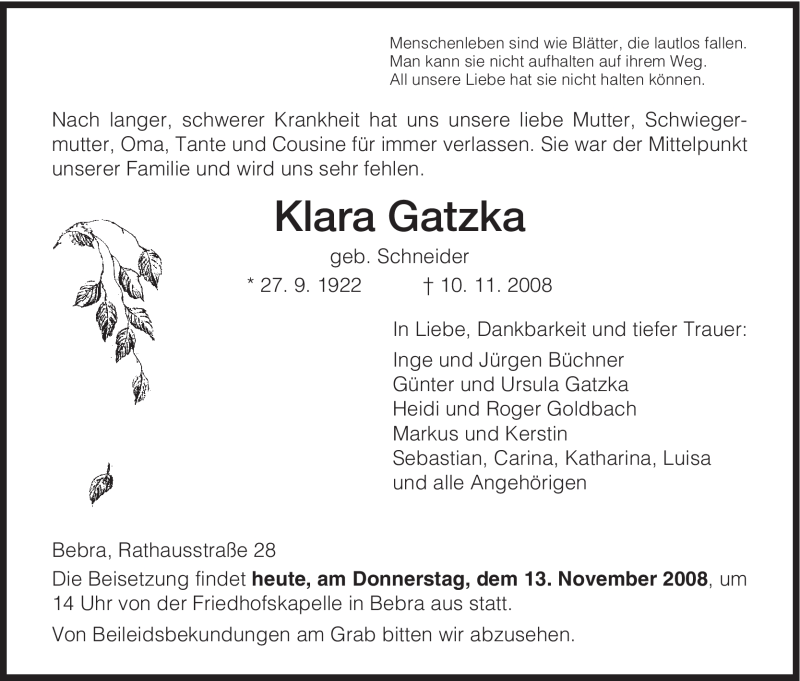  Traueranzeige für Klara Gatzka vom 13.11.2008 aus HNA