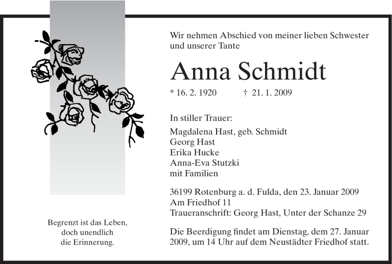  Traueranzeige für Anna Schmidt vom 24.01.2009 aus HNA