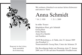 Traueranzeige von Anna Schmidt von HNA