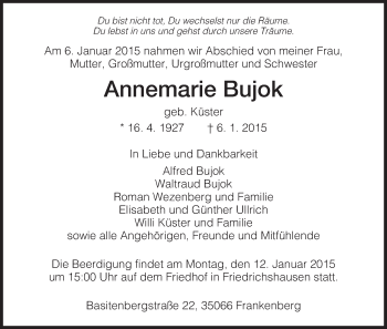 Traueranzeige von Annemarie Bujok von HNA