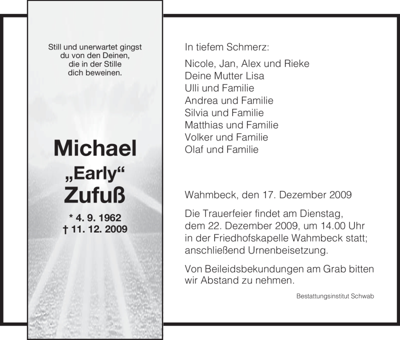  Traueranzeige für Michael Zufuß vom 17.12.2009 aus HNA