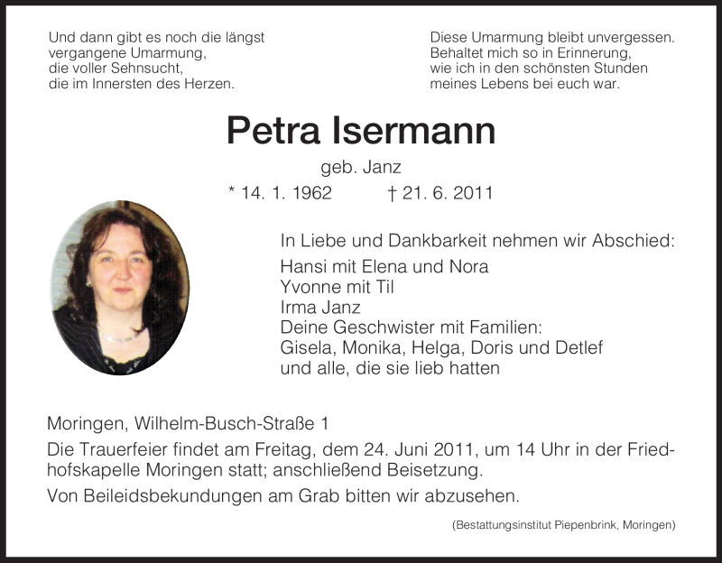  Traueranzeige für Petra Isermann vom 22.06.2011 aus HNA