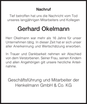 Traueranzeige von Gerhard Okelmann von HNA