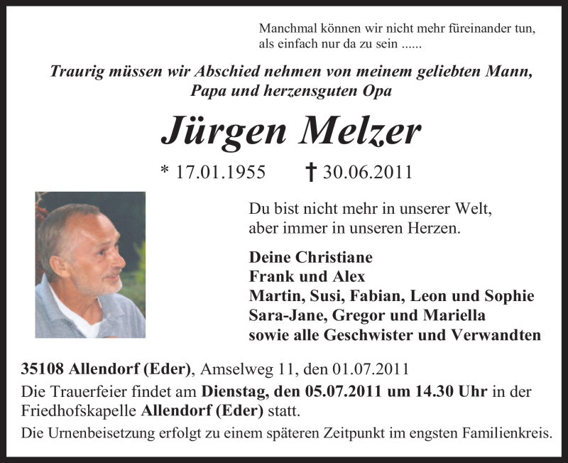  Traueranzeige für Jürgen Melzer vom 02.07.2011 aus HNA