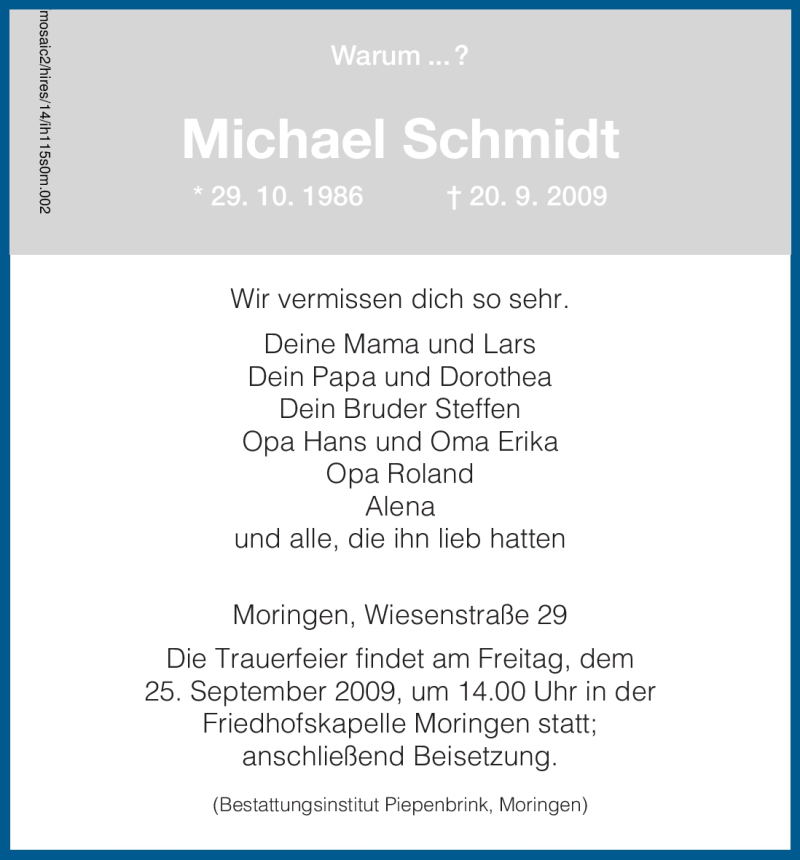  Traueranzeige für Michael Schmidt vom 23.09.2009 aus HNA