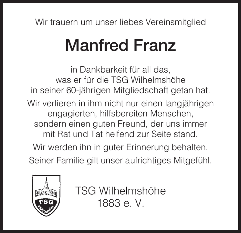  Traueranzeige für Manfred Franz vom 31.01.2012 aus HNA