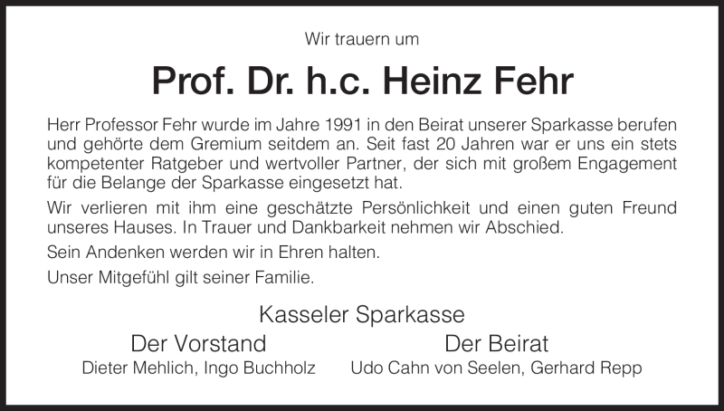  Traueranzeige für Heinz Fehr vom 11.12.2009 aus HNA