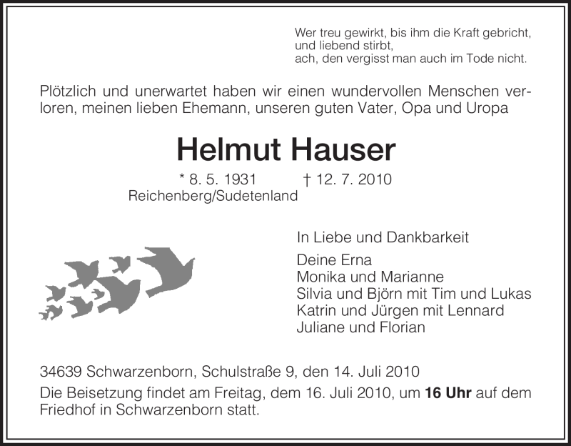  Traueranzeige für Helmut Hauser vom 14.07.2010 aus HNA