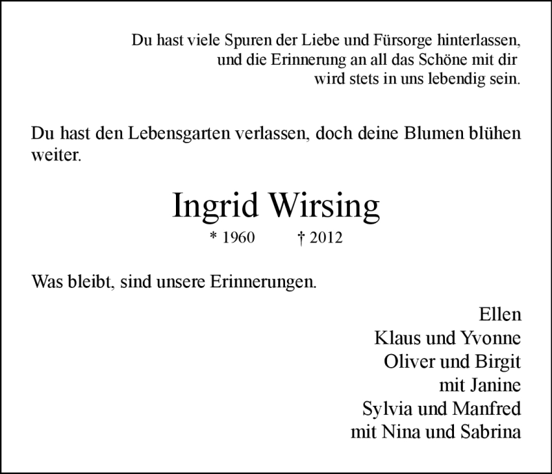  Traueranzeige für Ingrid Wirsing vom 02.06.2012 aus HNA