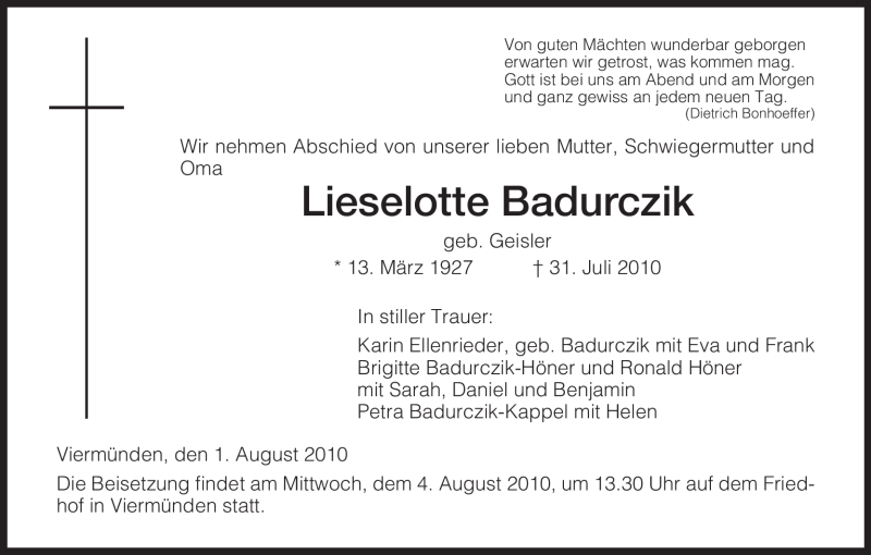  Traueranzeige für Lieselotte Badurczik vom 02.08.2010 aus HNA