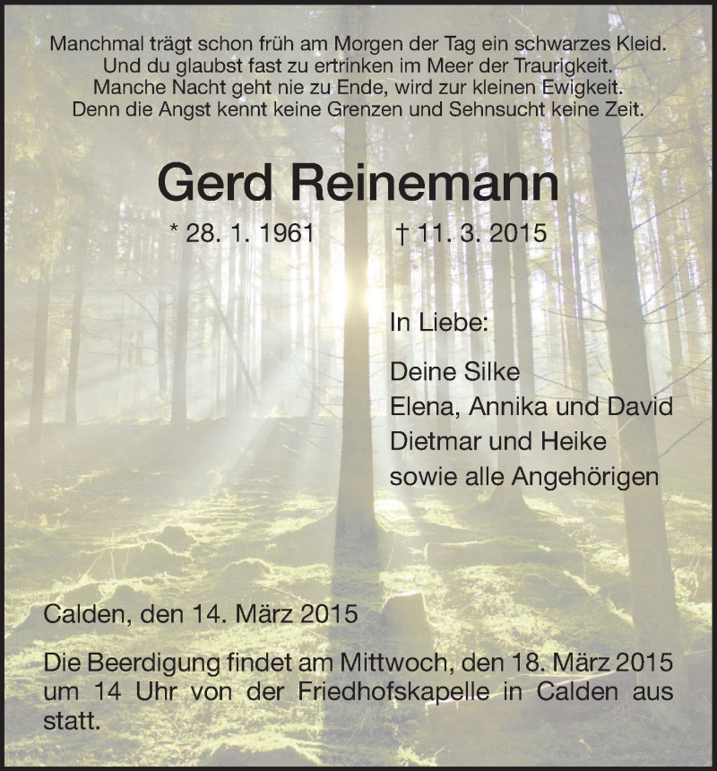  Traueranzeige für Gerd Reinemann vom 14.03.2015 aus HNA