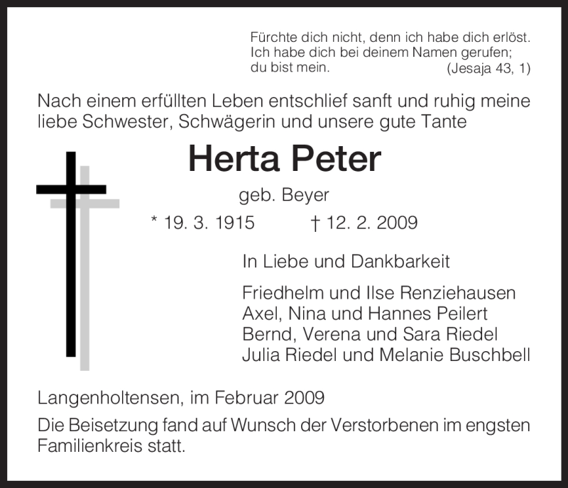  Traueranzeige für Herta Peter vom 28.02.2009 aus HNA
