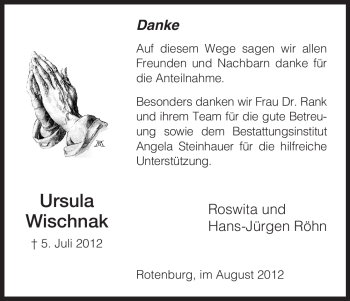 Traueranzeige von Ursula Wischnak von HNA